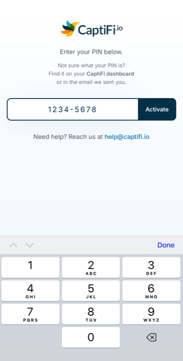 The CaptiFi device activation screen: enter your 8-digit PIN and press Activate
