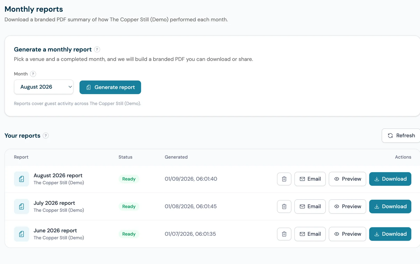 CaptiFi monthly reports page with a month picker, a Generate report button and a list of ready reports each offering email, preview and download