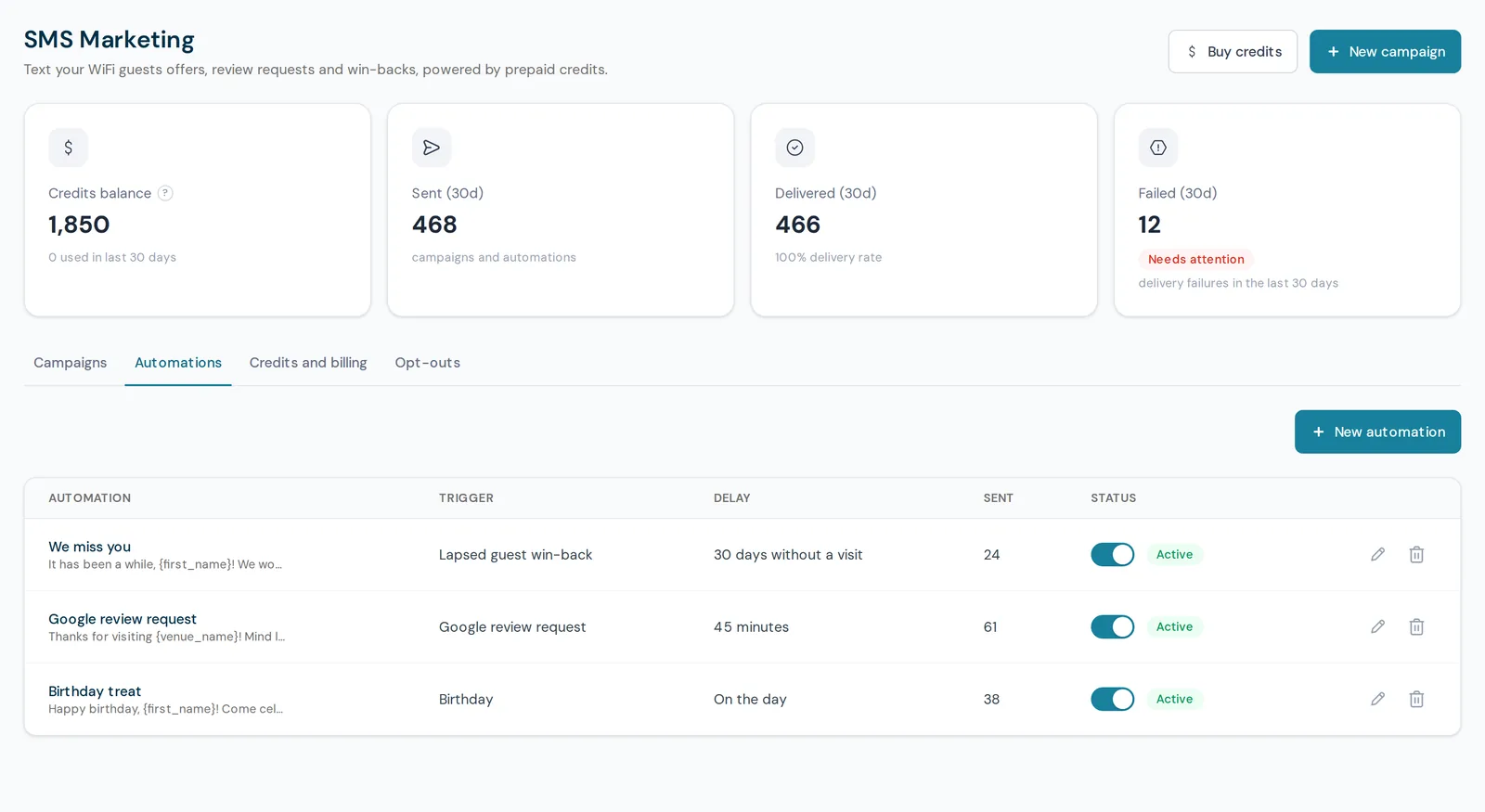 CaptiFi automations table showing an automated Google review request with its send history