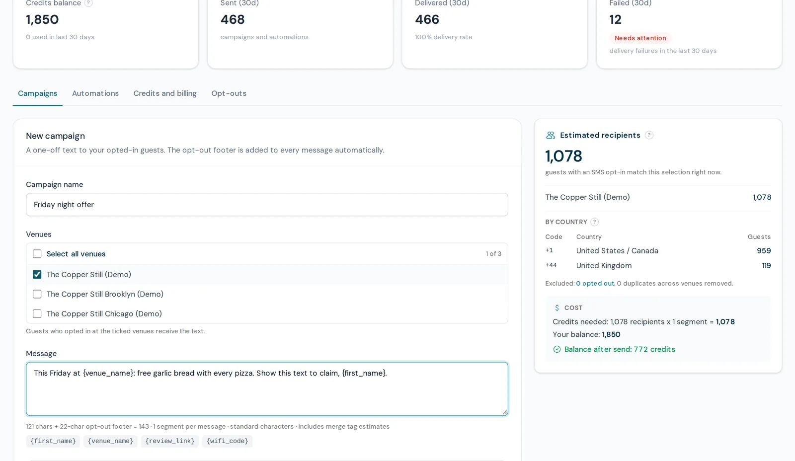 CaptiFi SMS composer showing exactly who will receive the campaign and what it will cost