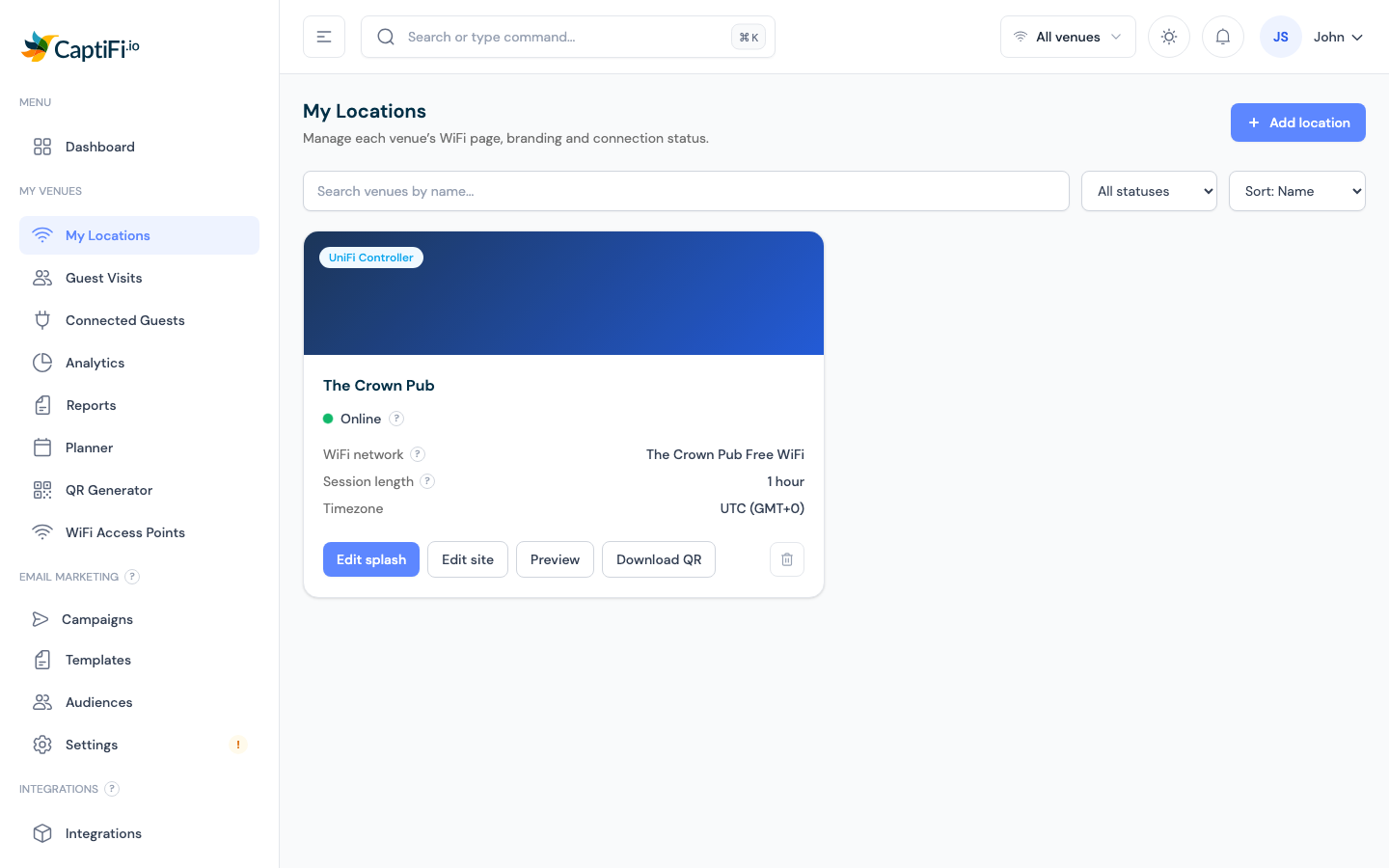 CaptiFi dashboard My Locations page showing a venue Online