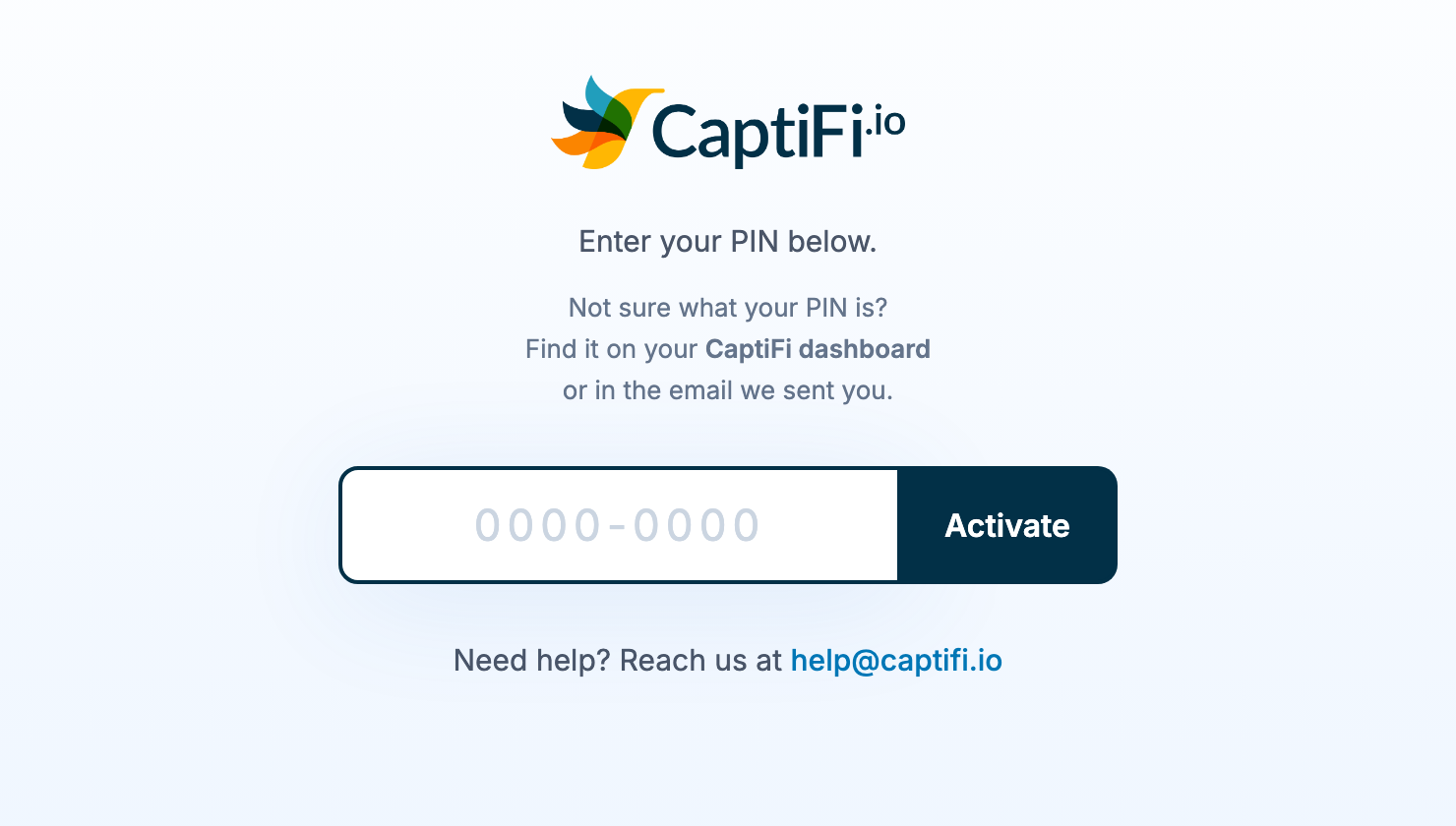 CaptiFi device activation page asking for the 8-digit PIN