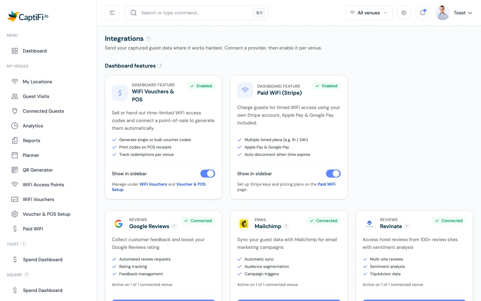 CaptiFi Integrations page with the Square POS connection card