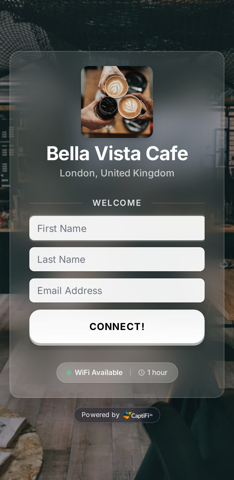 Example CaptiFi guest WiFi splash page for a cafe