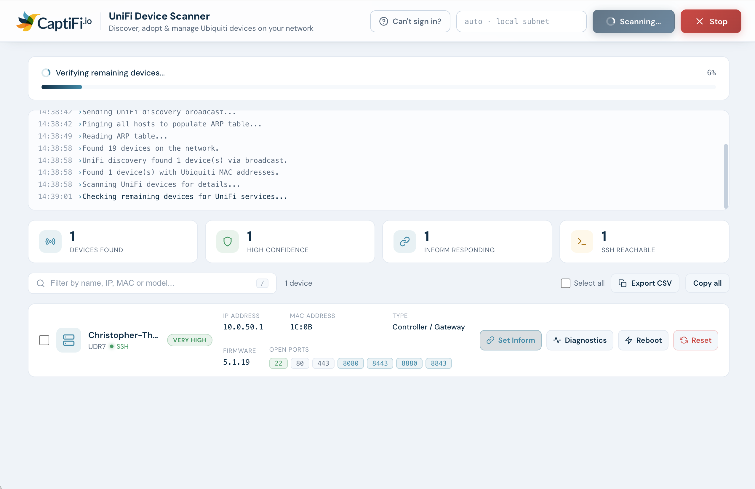 UniFi Device Scanner device list
